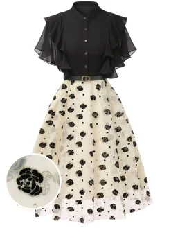 Sale Retro Stage 1950s 3D Floral Ruffle A-line Dress Black