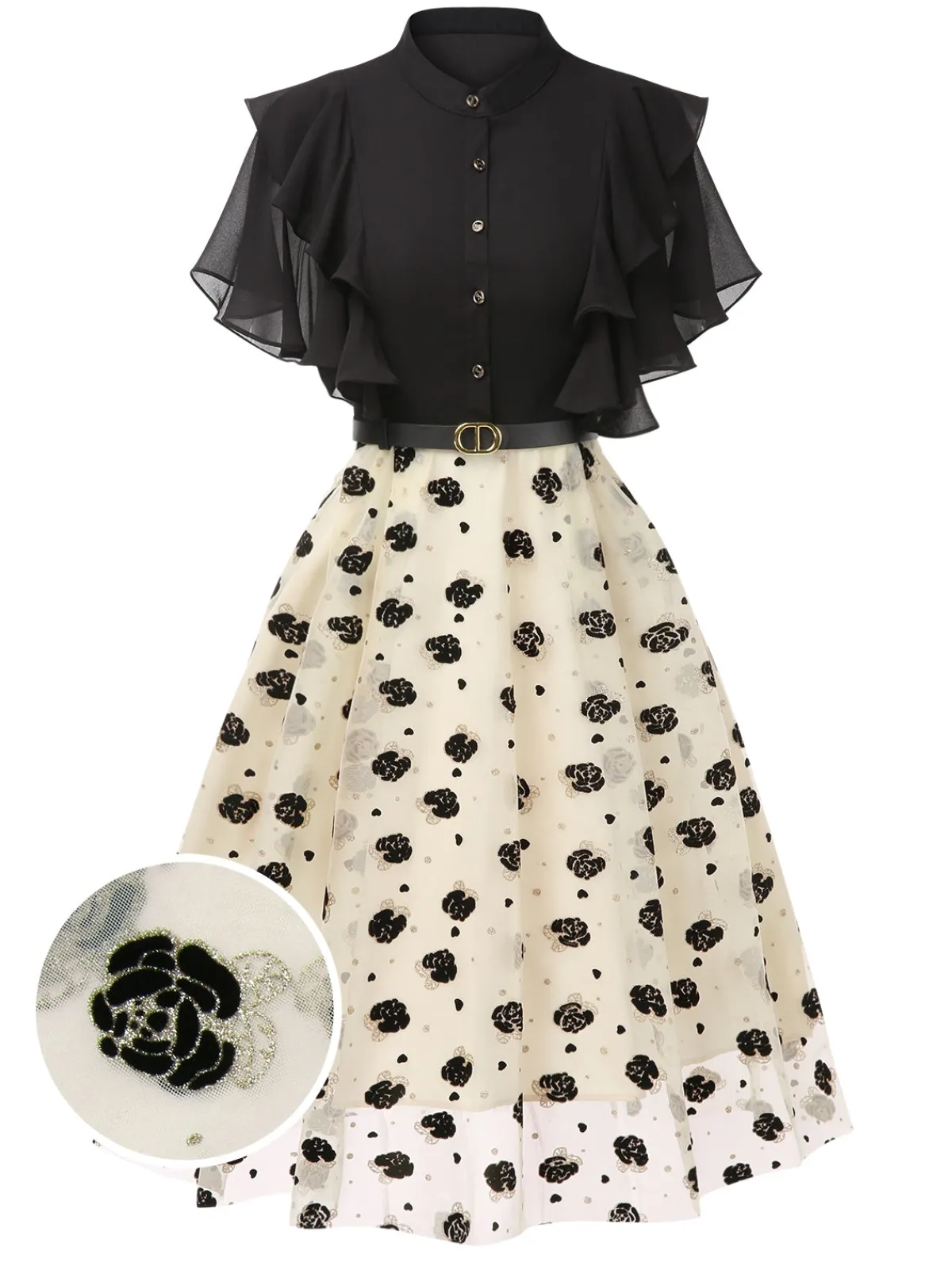 Sale Retro Stage 1950s 3D Floral Ruffle A-line Dress Black