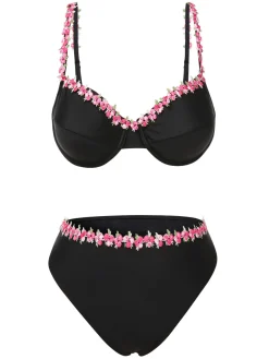 Fashion Retro Stage 1950s 3D Floral Spaghetti Straps Bikini Set Black