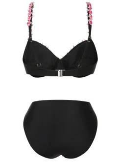 Fashion Retro Stage 1950s 3D Floral Spaghetti Straps Bikini Set Black
