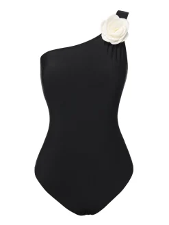 New Retro Stage 1970s 3D Flower One-Shoulder Swimsuit Black