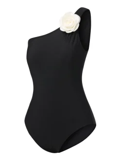 New Retro Stage 1970s 3D Flower One-Shoulder Swimsuit Black