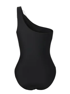 New Retro Stage 1970s 3D Flower One-Shoulder Swimsuit Black