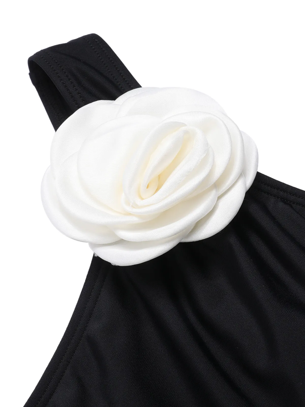 New Retro Stage 1970s 3D Flower One-Shoulder Swimsuit Black