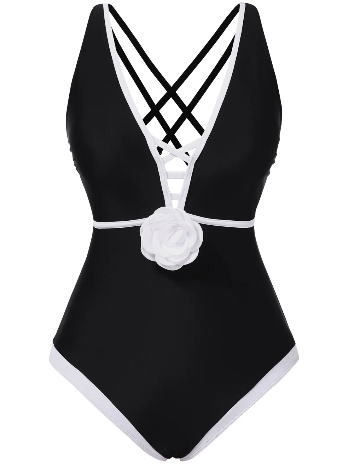 Sale Retro Stage 1950s 3D Flower Patchwork One-Piece Swimsuit Black