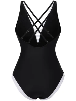 Sale Retro Stage 1950s 3D Flower Patchwork One-Piece Swimsuit Black