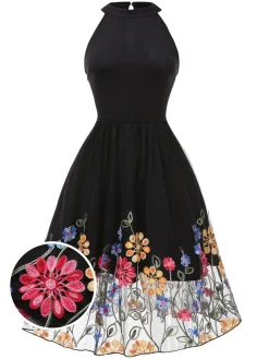 Sale Retro Stage 1950s 3D Flowers Embroidered Mesh Dress Black