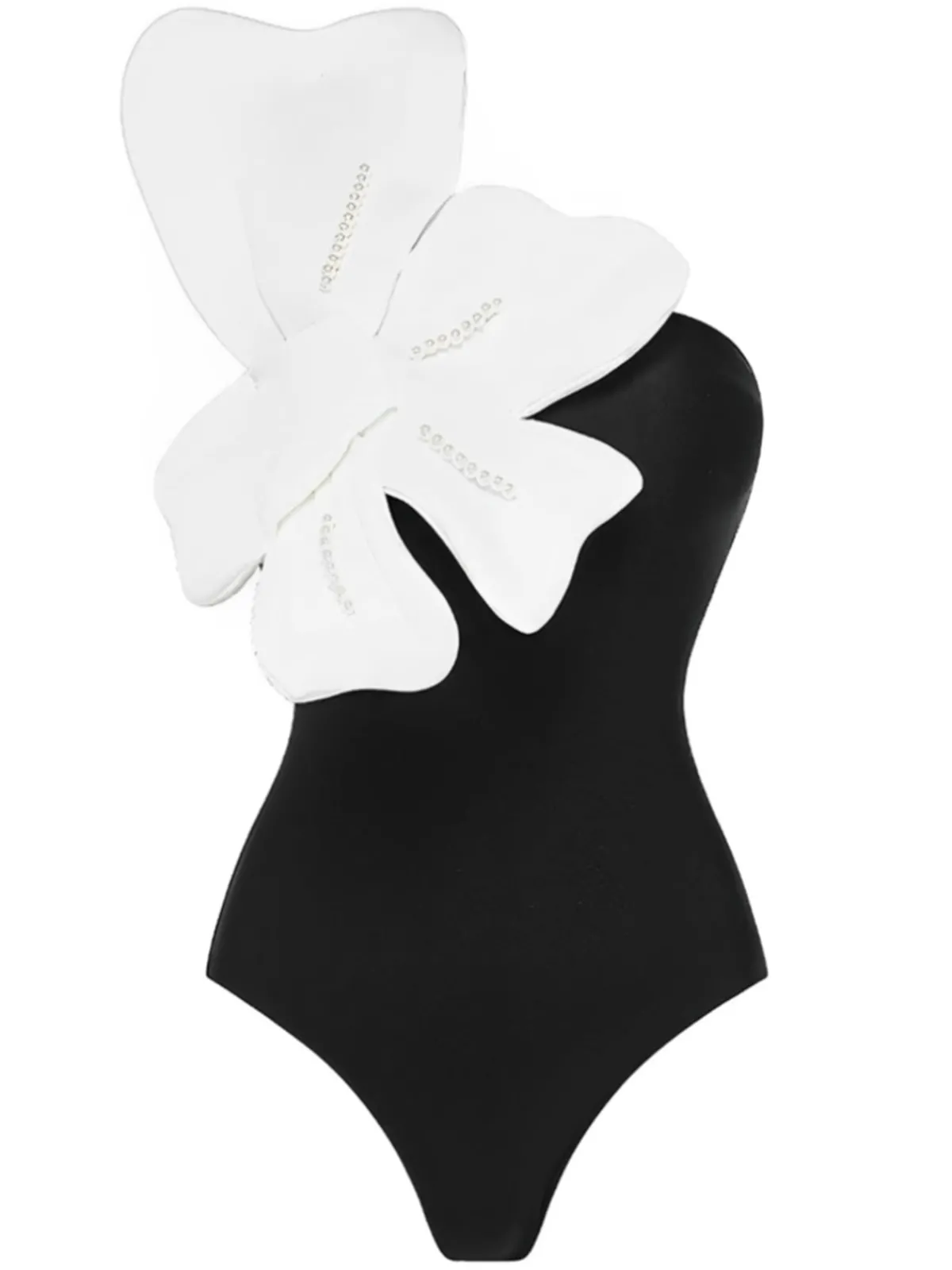 Online Retro Stage 1930s 3D Pearl Floral One-Piece Swimsuit Black