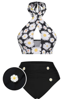 Outlet Retro Stage Black 1950s Daisy Cross Strap Swimsuit