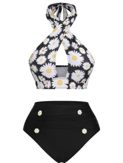 Outlet Retro Stage Black 1950s Daisy Cross Strap Swimsuit