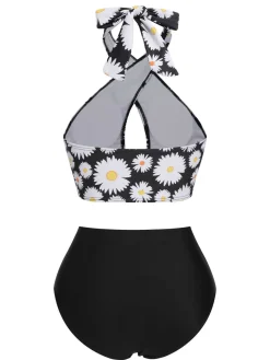 Outlet Retro Stage Black 1950s Daisy Cross Strap Swimsuit
