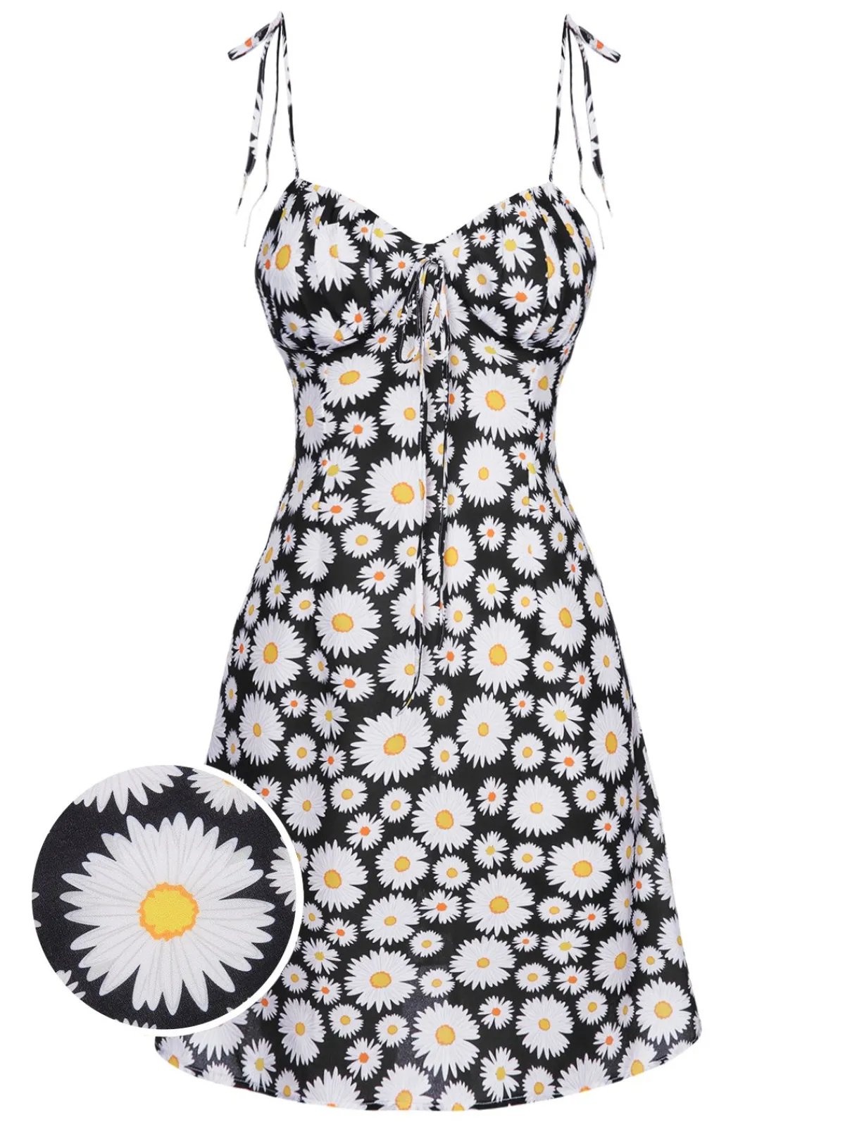 Best Retro Stage 1960s Daisy Spaghetti Strap Dress Black