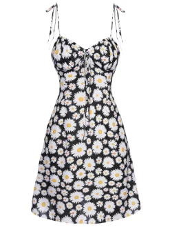 Best Retro Stage 1960s Daisy Spaghetti Strap Dress Black