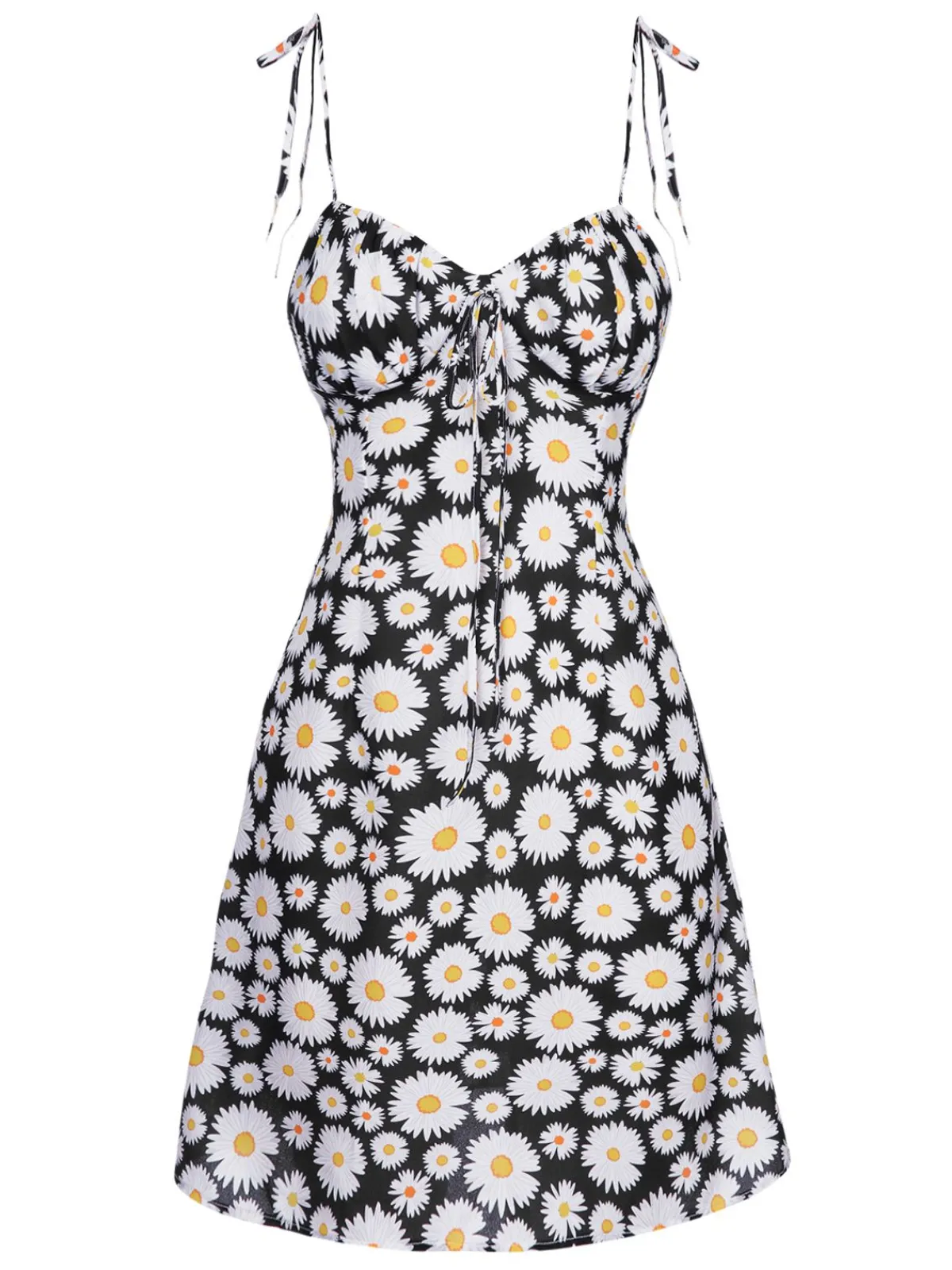 Best Retro Stage 1960s Daisy Spaghetti Strap Dress Black