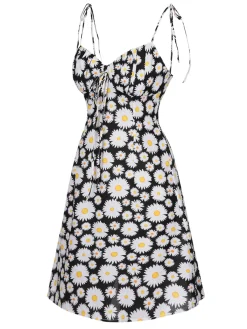 Best Retro Stage 1960s Daisy Spaghetti Strap Dress Black
