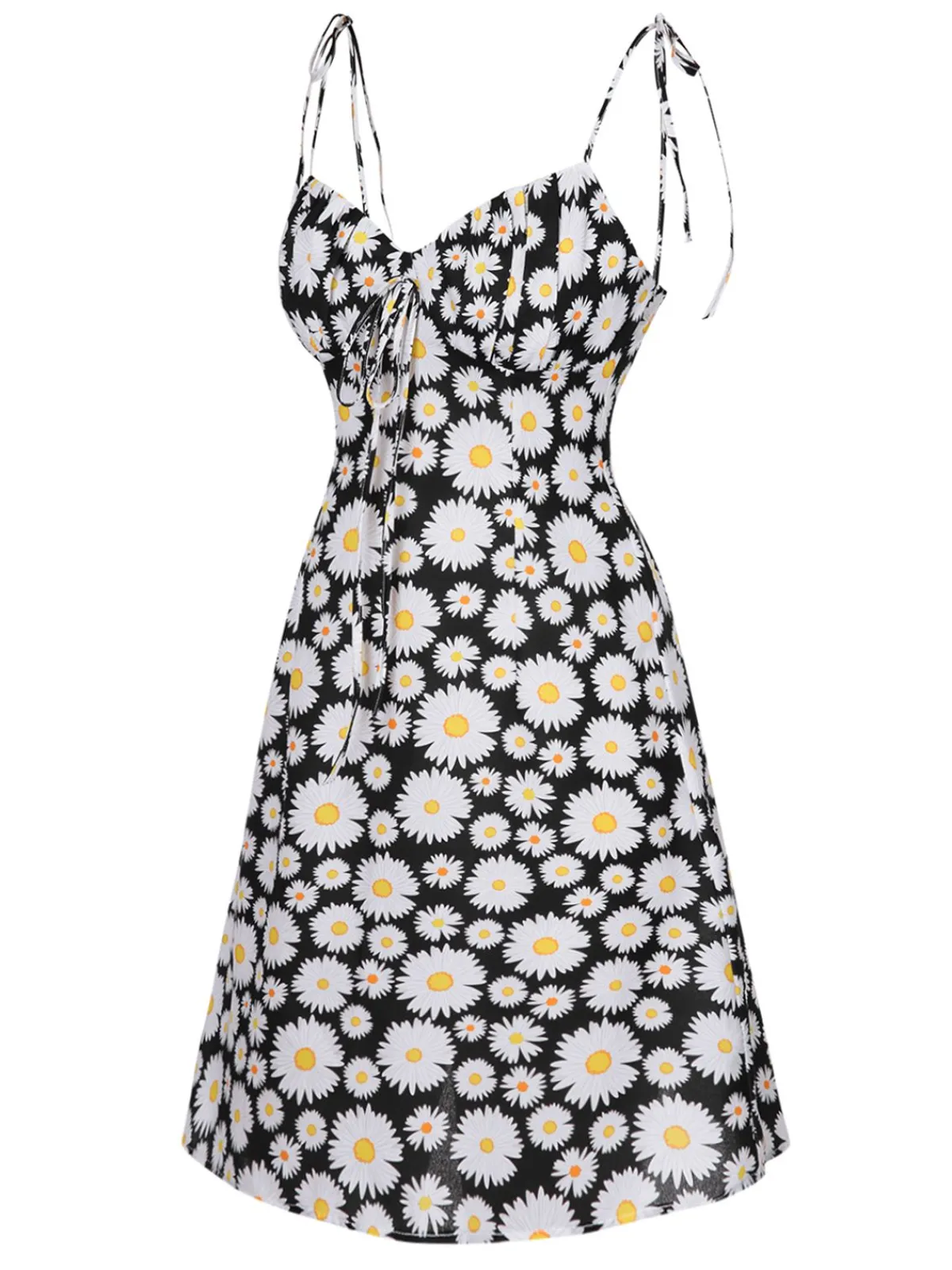 Best Retro Stage 1960s Daisy Spaghetti Strap Dress Black