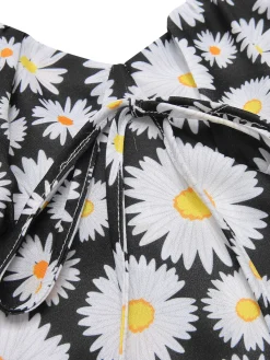 Best Retro Stage 1960s Daisy Spaghetti Strap Dress Black