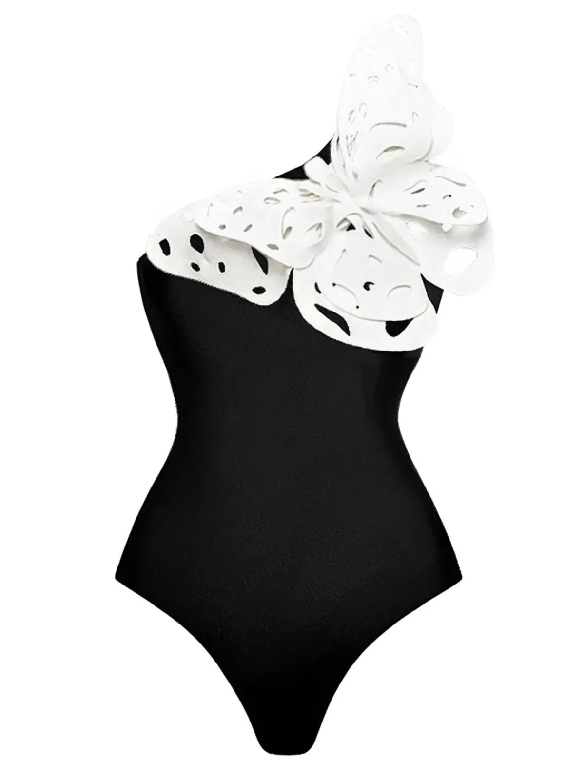 Outlet Retro Stage 1930s 3D-Butterfly One-Shoulder Swimsuit Black