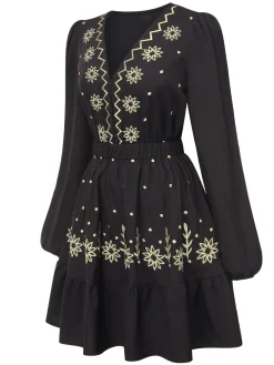 Outlet Retro Stage 1940s Deep V Embroidered Floral Dress Black