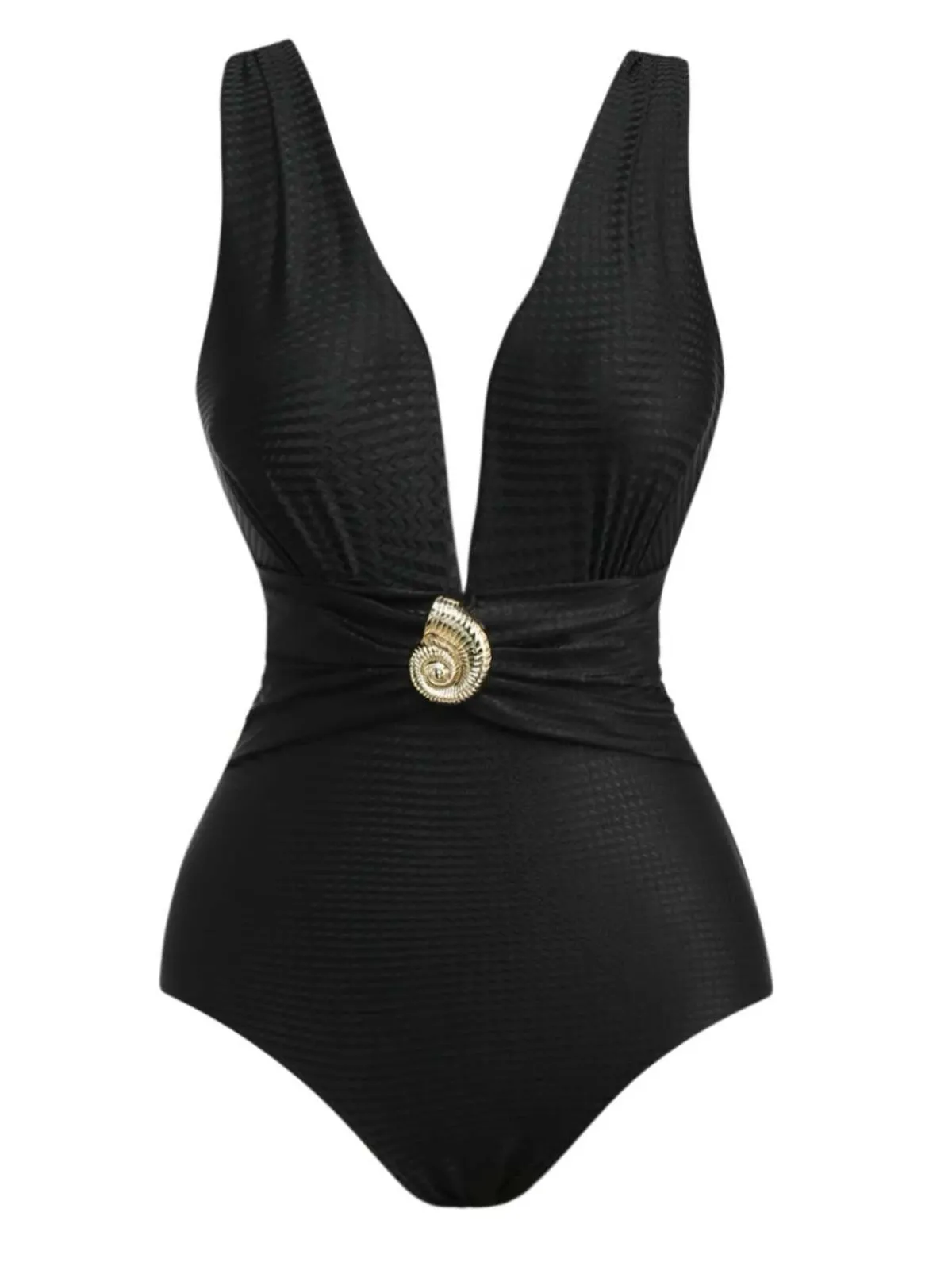 Outlet Retro Stage 1930s Deep V-Neck Seashell One-Piece Swimsuit Black