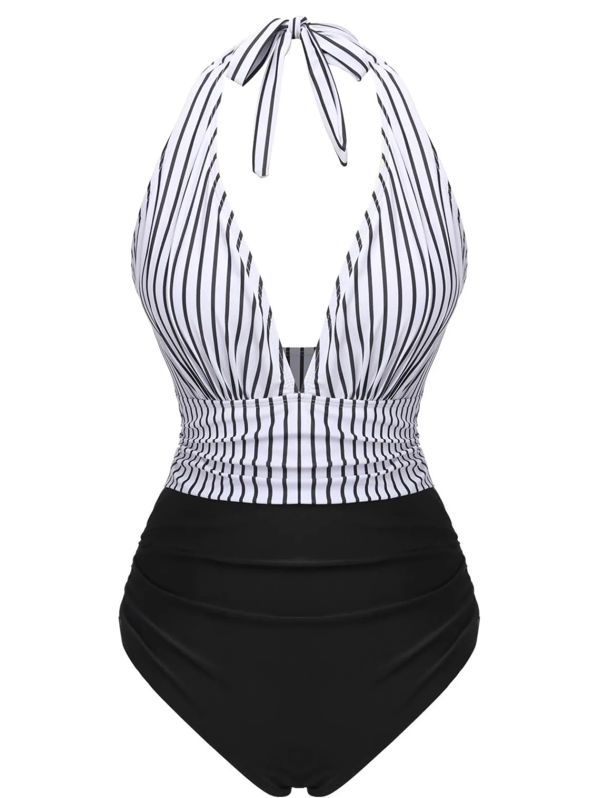 New Retro Stage 1950s Deep V-Neck Stripe Swimsuit Black