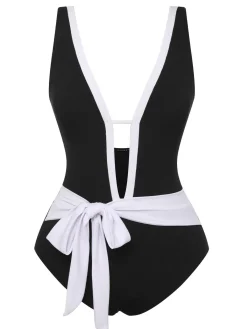 Discount Retro Stage 1950s Deep V-Neck Waist Tie Swimsuit Black