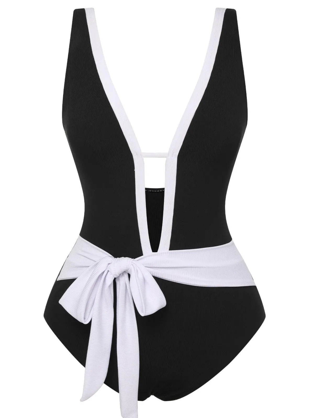 Discount Retro Stage 1950s Deep V-Neck Waist Tie Swimsuit Black