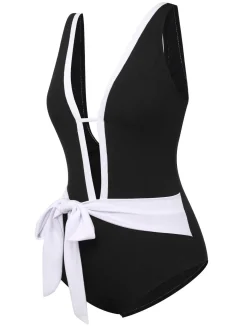 Discount Retro Stage 1950s Deep V-Neck Waist Tie Swimsuit Black