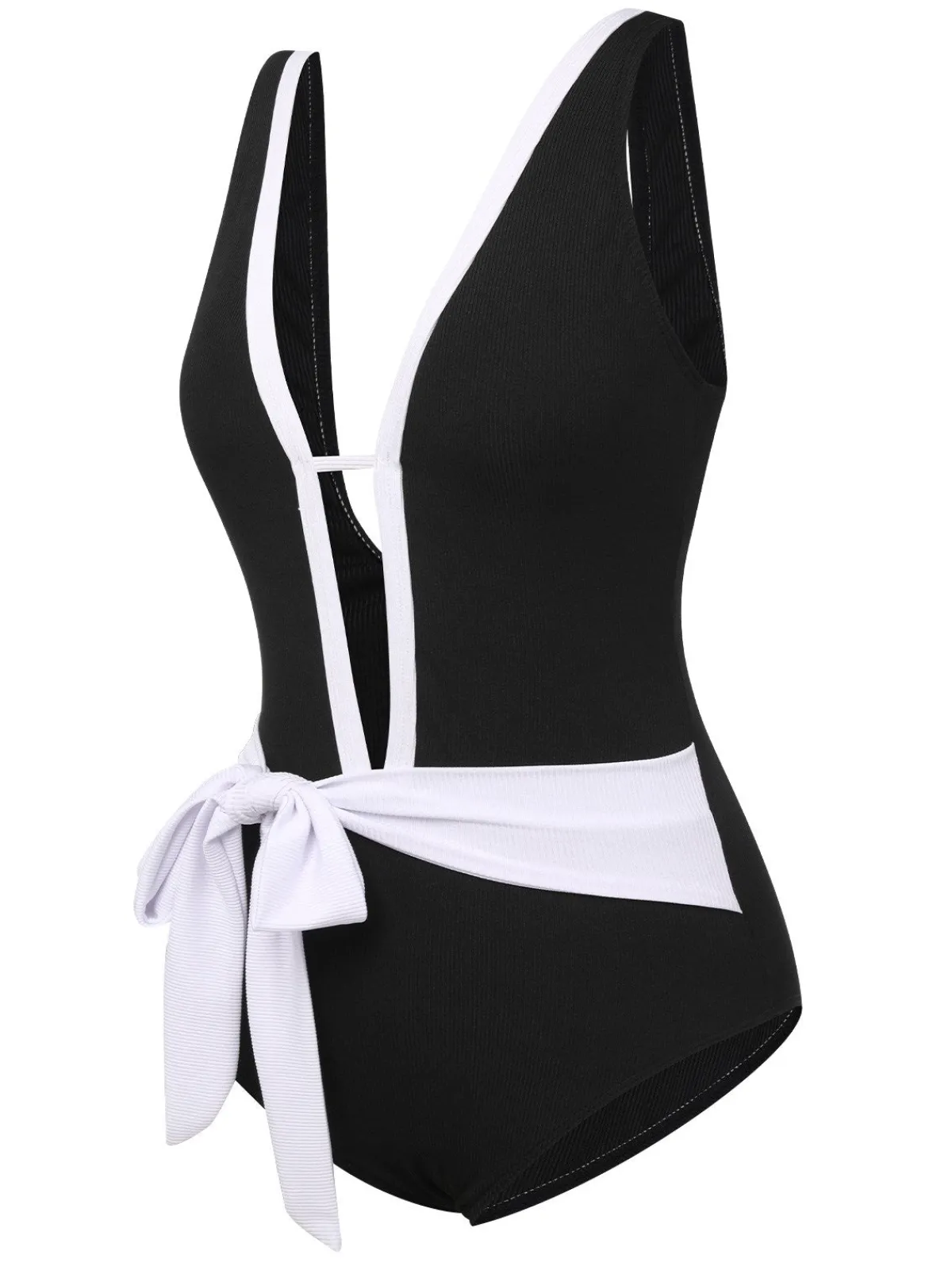 Discount Retro Stage 1950s Deep V-Neck Waist Tie Swimsuit Black