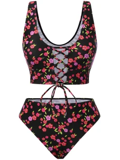 Outlet Retro Stage 1940s Ditsy Floral Lace-Up Tankini Set Black
