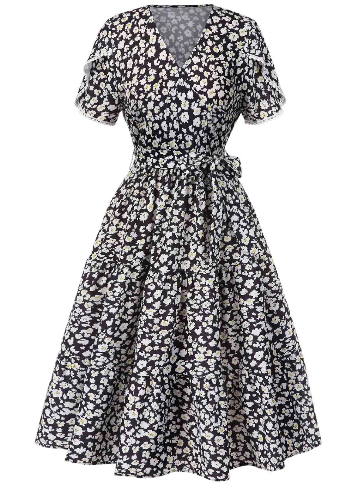 Discount Retro Stage 1950s Ditsy Floral V-Neck Lace-Up Dress Black