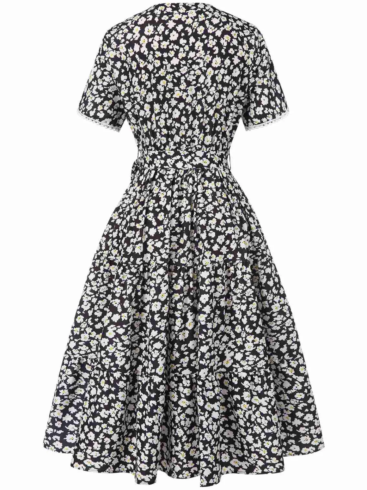 Discount Retro Stage 1950s Ditsy Floral V-Neck Lace-Up Dress Black