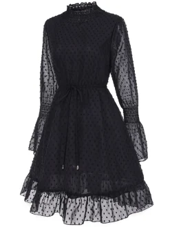 Best Retro Stage 1940s Dots Half Turtleneck Chiffon Dress Black