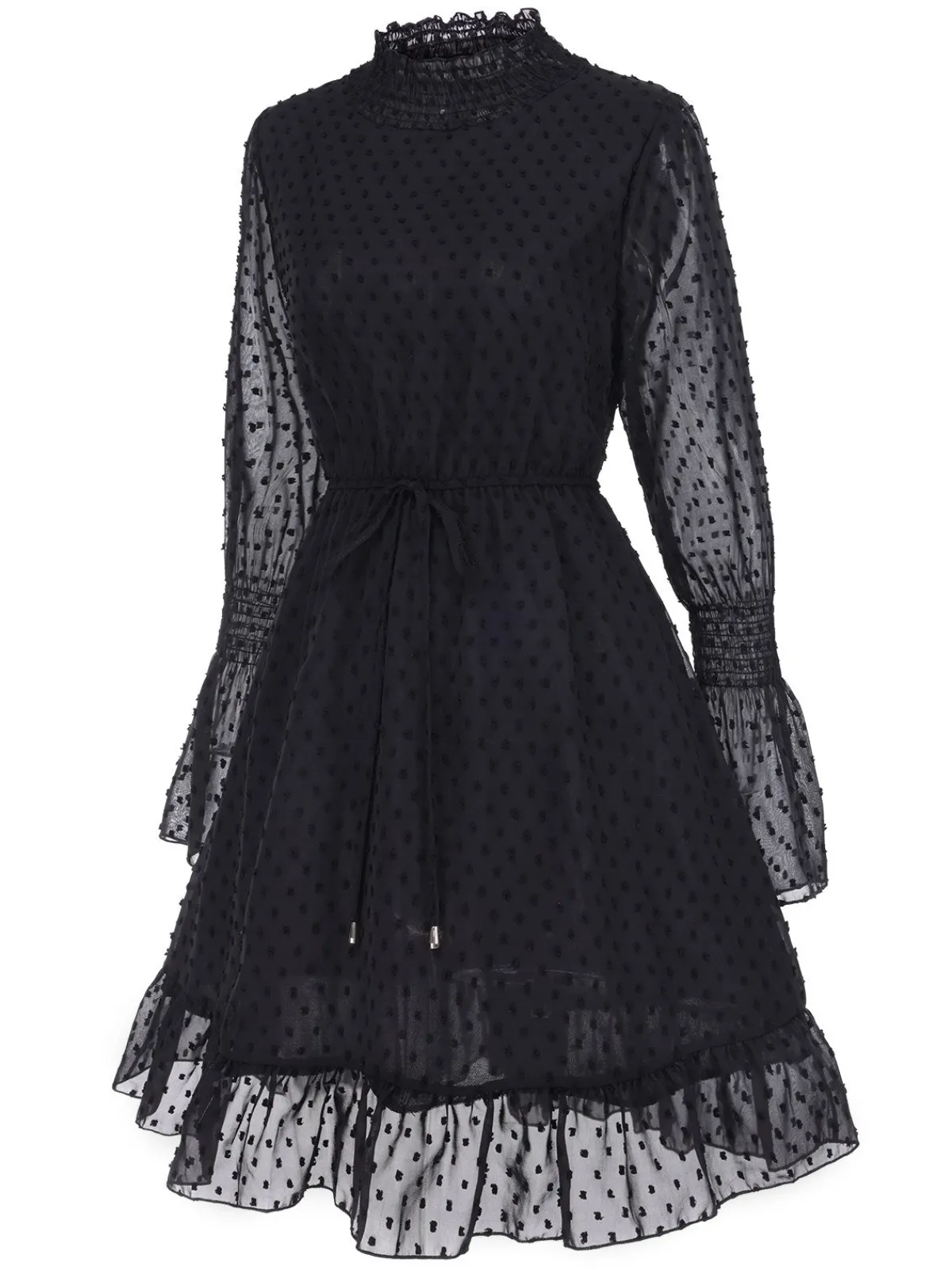 Best Retro Stage 1940s Dots Half Turtleneck Chiffon Dress Black