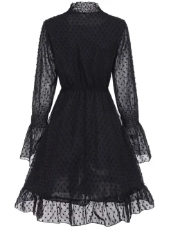 Best Retro Stage 1940s Dots Half Turtleneck Chiffon Dress Black