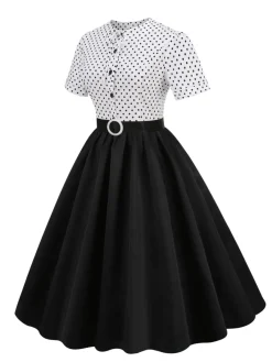 Best Retro Stage 1950s Dots Patchwork Dress Black