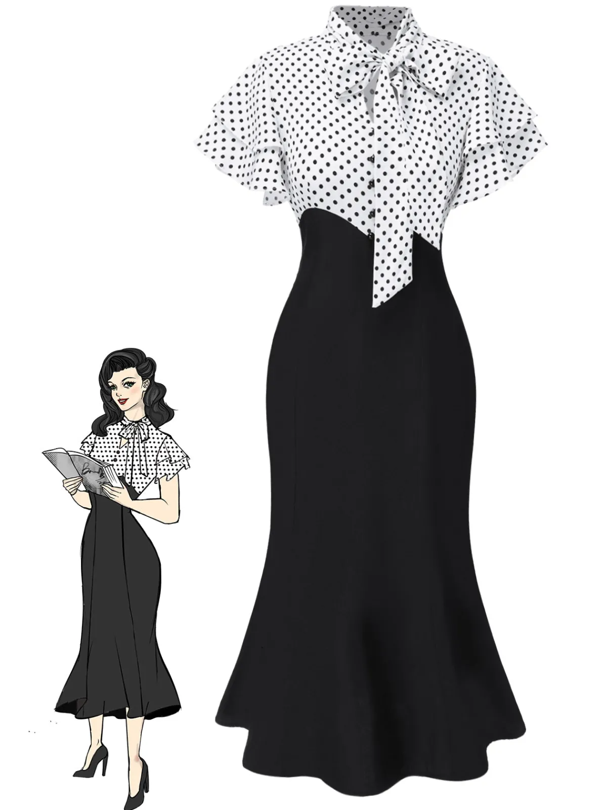 Outlet Retro Stage Black 1930s Dots Tie Neck Mermaid Dress