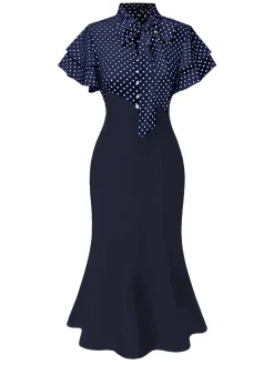Outlet Retro Stage Black 1930s Dots Tie Neck Mermaid Dress