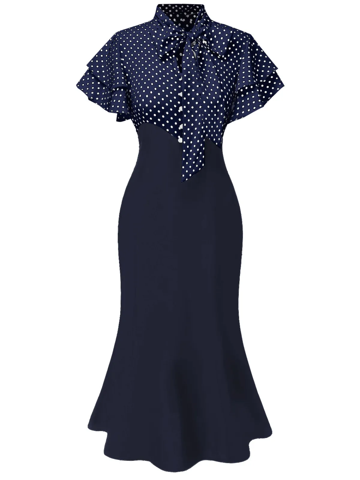 Outlet Retro Stage Black 1930s Dots Tie Neck Mermaid Dress