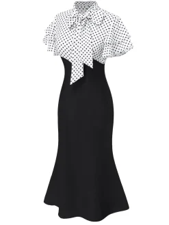Outlet Retro Stage Black 1930s Dots Tie Neck Mermaid Dress
