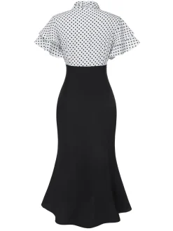 Outlet Retro Stage Black 1930s Dots Tie Neck Mermaid Dress