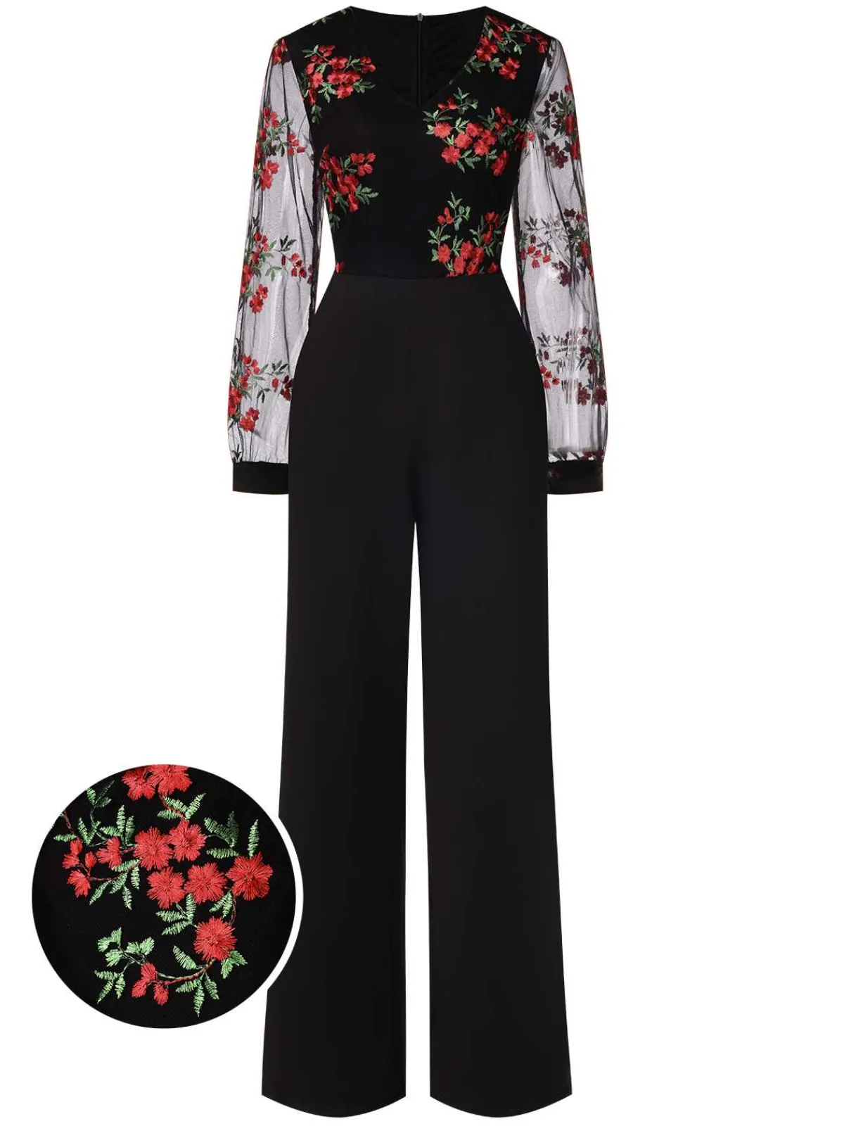 Clearance Retro Stage 1970s Embroidered Floral Jumpsuit Black