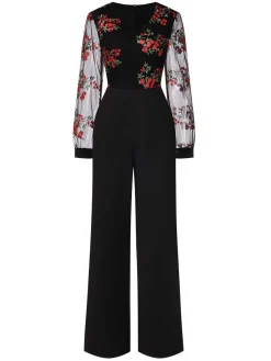 Clearance Retro Stage 1970s Embroidered Floral Jumpsuit Black