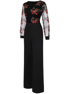 Clearance Retro Stage 1970s Embroidered Floral Jumpsuit Black