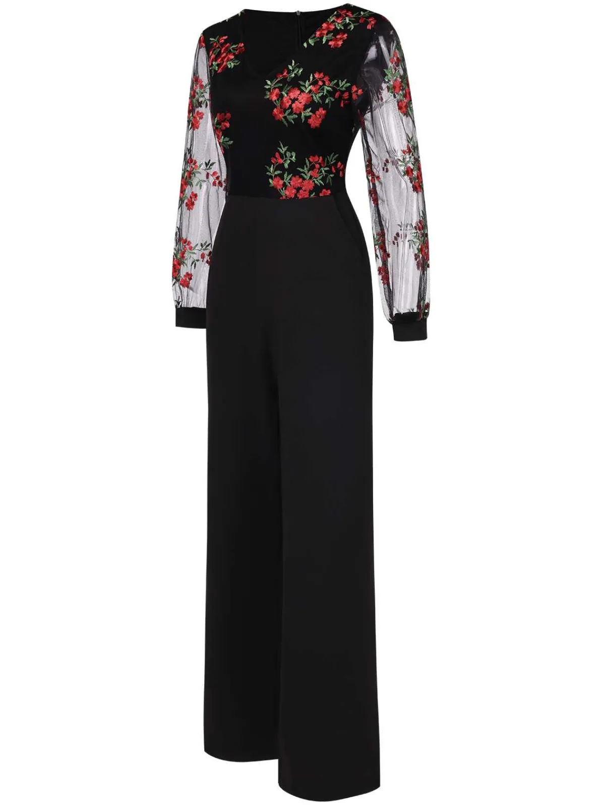 Clearance Retro Stage 1970s Embroidered Floral Jumpsuit Black