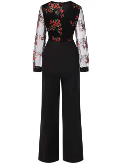 Clearance Retro Stage 1970s Embroidered Floral Jumpsuit Black