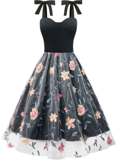 Sale Retro Stage 1970s Embroidered Floral Patchwork Mesh Dress Black