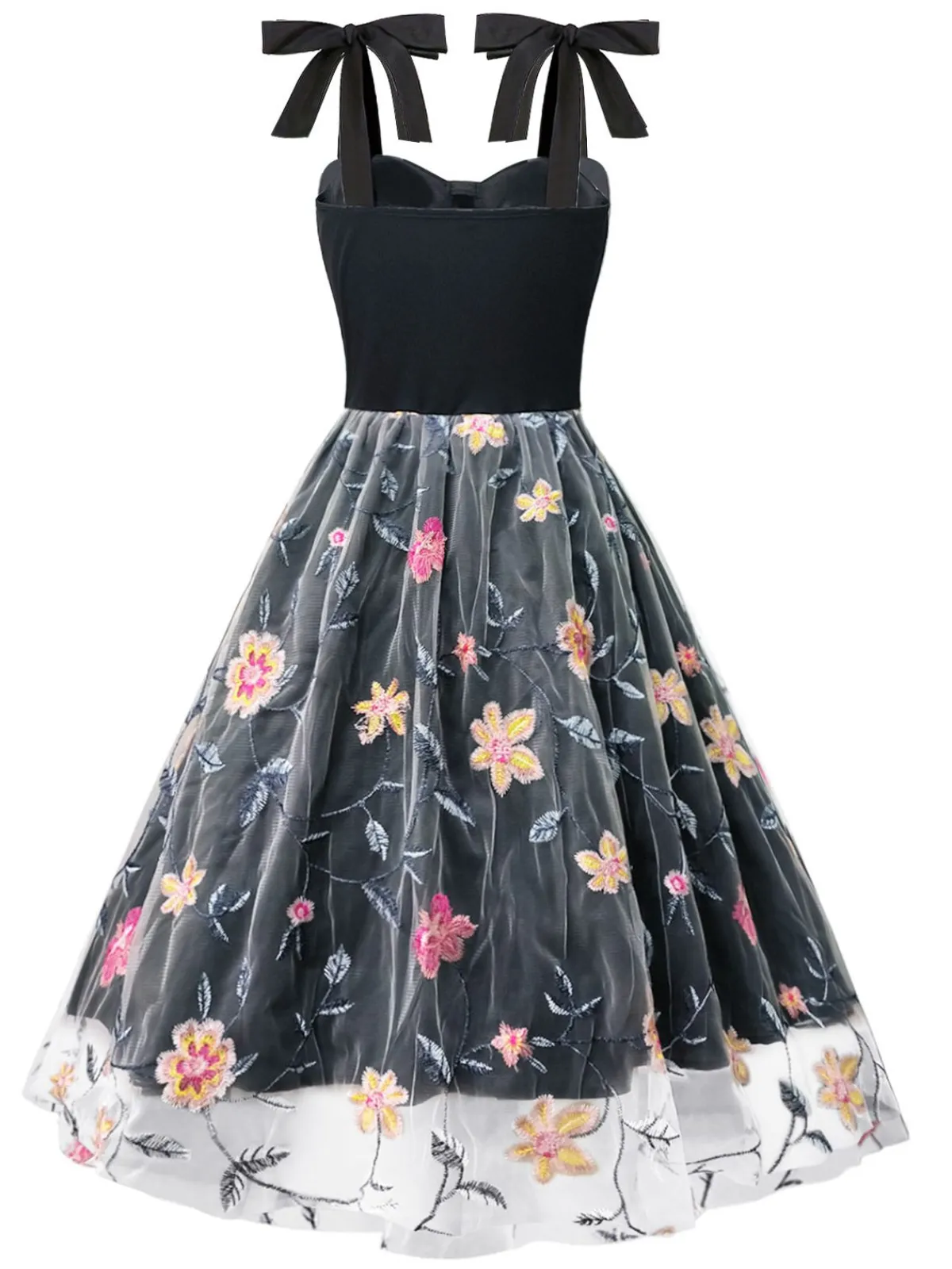 Sale Retro Stage 1970s Embroidered Floral Patchwork Mesh Dress Black