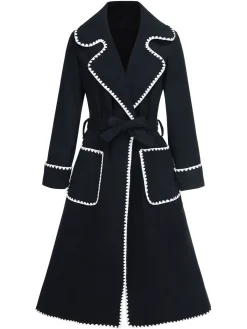 New Retro Stage 1940s Embroidered Lapel Pocket Belted Coat Black