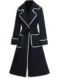 New Retro Stage 1940s Embroidered Lapel Pocket Belted Coat Black